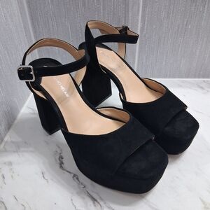 Antonio Melani Heels Black Suede Block Heel Leather Sandals With Ankle Straps 7